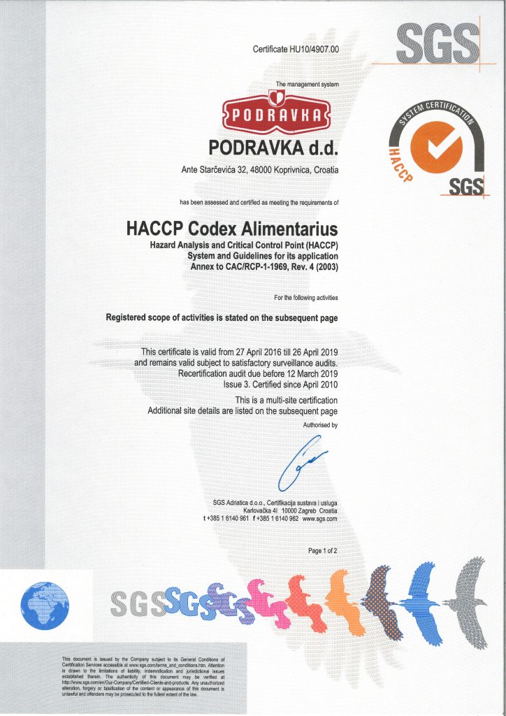 Primjer HACCP certifikata izdan od strane SGS-a